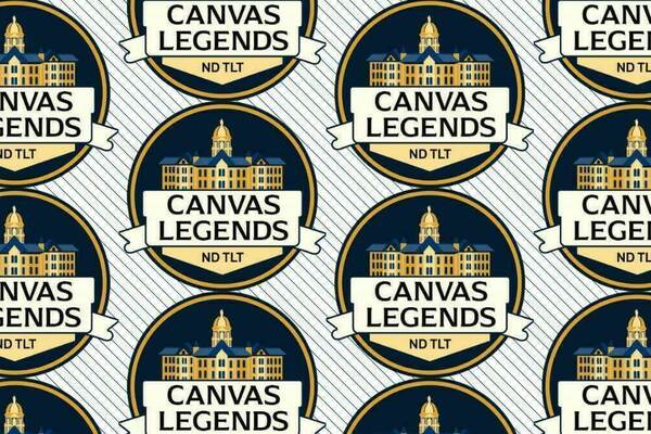 Repeating pattern of circular Canvas Legends logos.  A gold and blue graphic of the Main Building at the University of Notre Dame is above a cream banner with "Canvas Legends" in blue text. Below the banner is "ND TLT" also in blue text. The background is a repeating diagonal pinstripe pattern in navy and white.